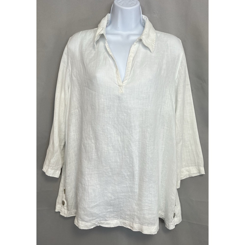 Antibes Blanc 100% Linen Women's V-Neck White Tunic Top Blouse Size Small Beach